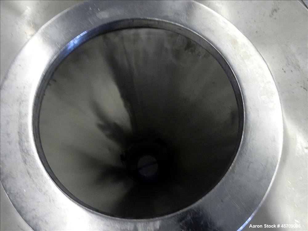 Used United Utensils Powder Tote Bin, Approximate 20 Cubic Feet, 304 Stainless Steel. Approximately 48" diameter x 17" straight side and 34" coned bottom. Flat top includes 20" opening with a plastic...