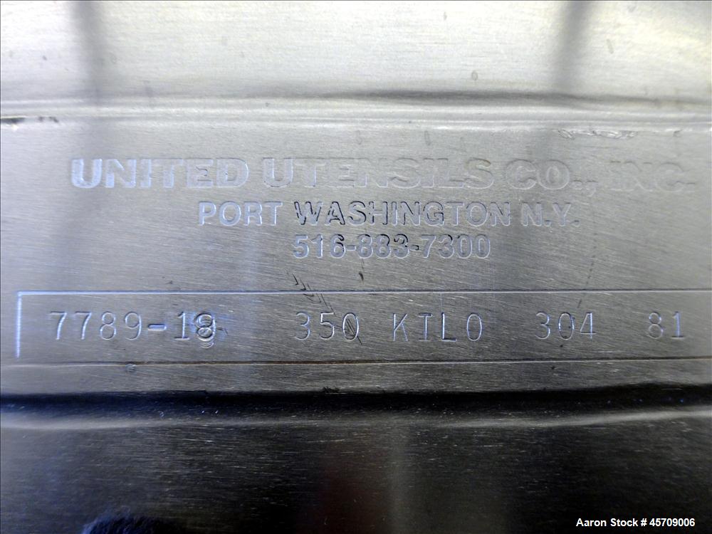Used United Utensils Powder Tote Bin, Approximate 20 Cubic Feet, 304 Stainless Steel. Approximately 48" diameter x 17" straight side and 34" coned bottom. Flat top includes 20" opening with a plastic...