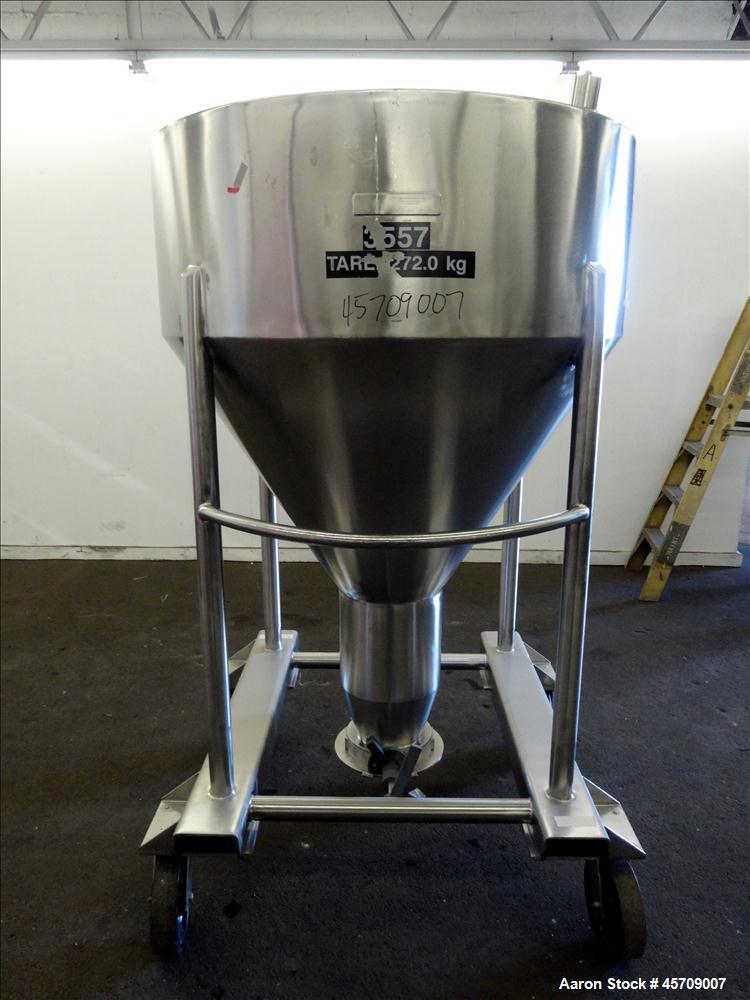 Used United Utensils Powder Tote Bin, Approximate 20 Cubic Feet, 304 Stainless Steel. Approximately 48" diameter x 17" straight side and 34" coned bottom. Flat top includes 20" opening with a plastic...