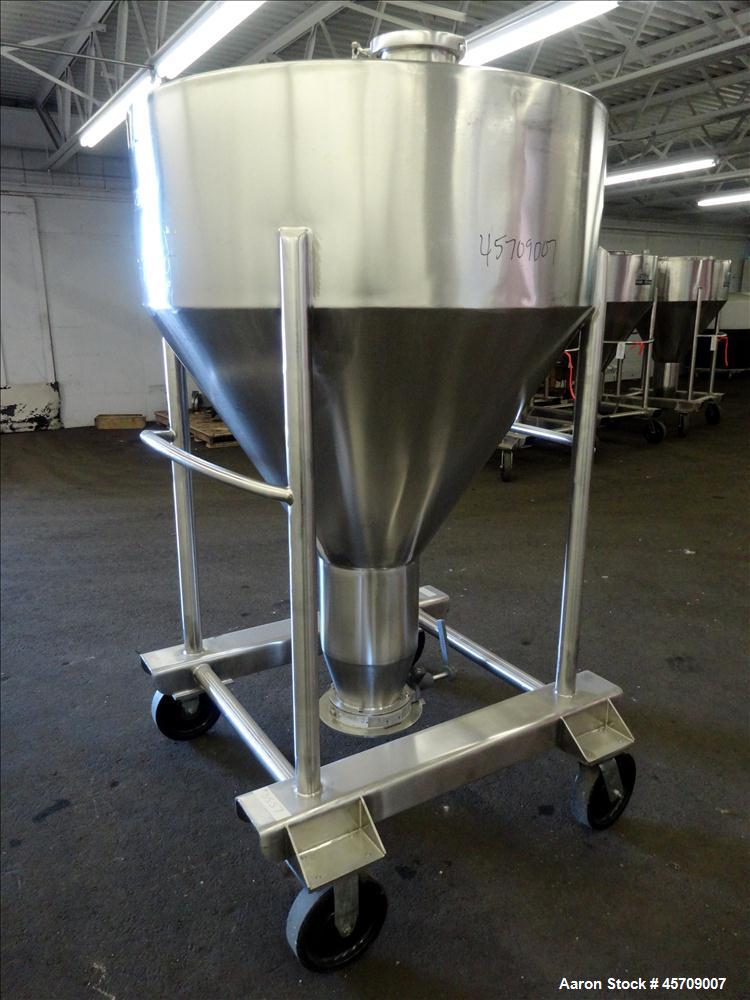 Used United Utensils Powder Tote Bin, Approximate 20 Cubic Feet, 304 Stainless Steel. Approximately 48" diameter x 17" straight side and 34" coned bottom. Flat top includes 20" opening with a plastic...