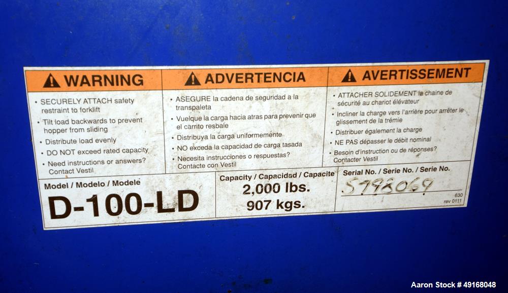 Used Vestil 1 Cubic Yard Self Dumping Hopper, Model D-100-LD, Carbon Steel. 2000 Pound capacity, serial# 5798069.