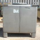 Used IBC Precision Stackable Liquid Tote, 46.7 Cubic Feet ( 350 gallon), Model SS350, 304 Stainless Steel. 48’’ long x 42’’ wide x 36’’ deep. 22’’ diameter top opening with cover, off center bottom o...