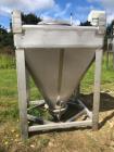 Used Approximately 600 litre (21.2 Cu.Ft.)stainless steel product containers. Unit measures approximately 1,050mm long x 805mm wide x 205mm straight side height with 1,000mm cone height. Has top manw...