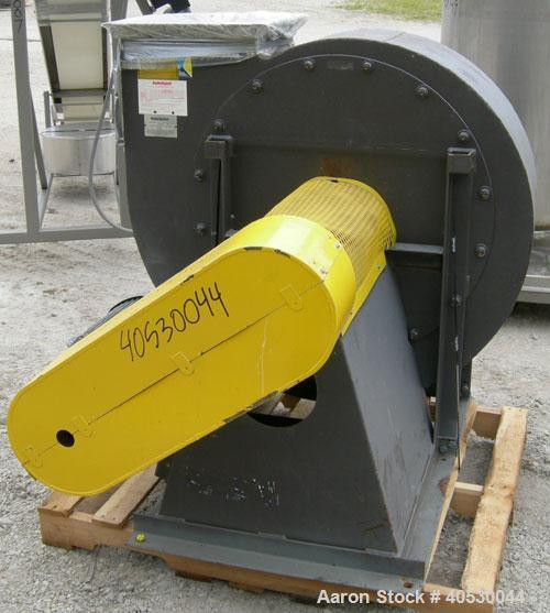 Used Barry Blower Industrial Centrifugal Fan, size/type 17-OT-CW, carbon steel. Approximately 7314 cfm at 30.07 bhp at 1812 rpm. 16 1/2" diameter inlet, 14" x 16" outlet, approximately 30" diameter t...