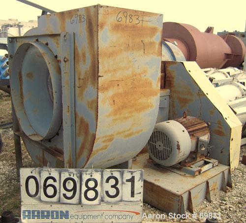 Used Bayley Centrifugal Blower, Size BC270, Arrangement 9ZL, Carbon Steel. Approximate 27" diameter fan, 29" inlet, 28 1/2" x 21 1/2" outlet. Driven by a 30 hp, 3/60/230/460 volt, 1760 rpm motor.