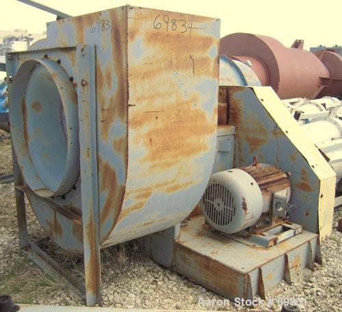 Used Bayley Centrifugal Blower, Size BC270, Arrangement 9ZL, Carbon Steel. Approximate 27" diameter fan, 29" inlet, 28 1/2" x 21 1/2" outlet. Driven by a 30 hp, 3/60/230/460 volt, 1760 rpm motor.