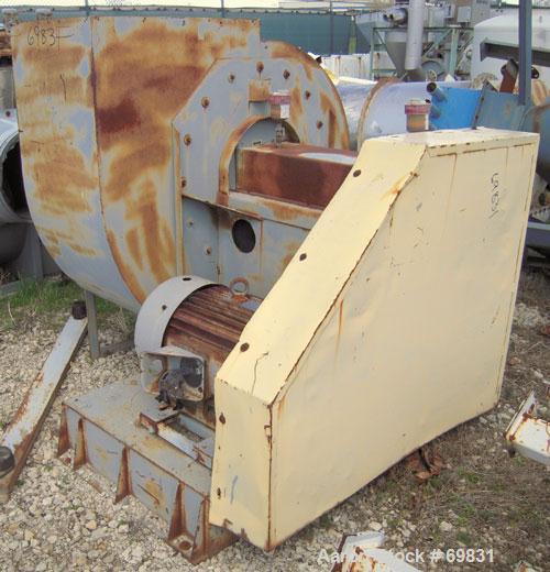 Used Bayley Centrifugal Blower, Size BC270, Arrangement 9ZL, Carbon Steel. Approximate 27" diameter fan, 29" inlet, 28 1/2" x 21 1/2" outlet. Driven by a 30 hp, 3/60/230/460 volt, 1760 rpm motor.