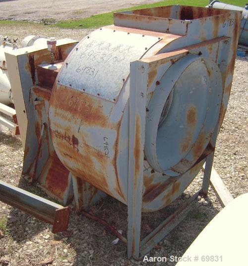 Used Bayley Centrifugal Blower, Size BC270, Arrangement 9ZL, Carbon Steel. Approximate 27" diameter fan, 29" inlet, 28 1/2" x 21 1/2" outlet. Driven by a 30 hp, 3/60/230/460 volt, 1760 rpm motor.