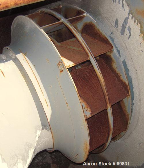 Used Bayley Centrifugal Blower, Size BC270, Arrangement 9ZL, Carbon Steel. Approximate 27" diameter fan, 29" inlet, 28 1/2" x 21 1/2" outlet. Driven by a 30 hp, 3/60/230/460 volt, 1760 rpm motor.