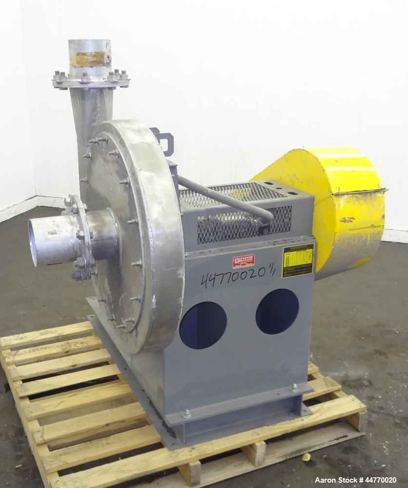 Used Cincinnati Fan HP Series High Pressure Blower, Model HP-6C22, Aluminum.  Approximately 1560 cfm at 29" S.P.  Approximately 6" diameter side inlet, 6" top outlet, 22" diameter wheel. Driven by a ...