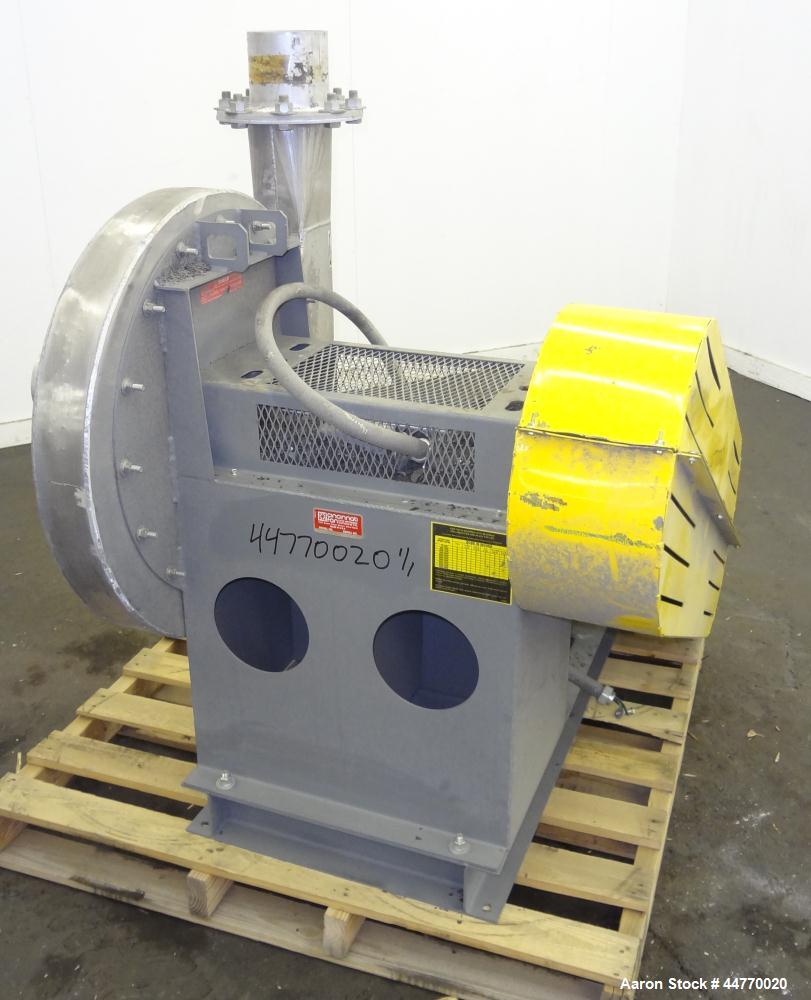 Used Cincinnati Fan HP Series High Pressure Blower, Model HP-6C22, Aluminum.  Approximately 1560 cfm at 29" S.P.  Approximately 6" diameter side inlet, 6" top outlet, 22" diameter wheel. Driven by a ...