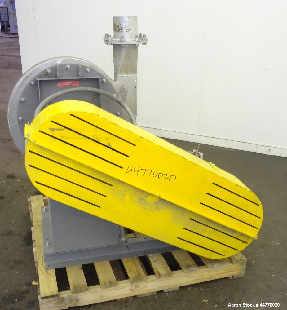Used Cincinnati Fan HP Series High Pressure Blower, Model HP-6C22, Aluminum.  Approximately 1560 cfm at 29" S.P.  Approximately 6" diameter side inlet, 6" top outlet, 22" diameter wheel. Driven by a ...