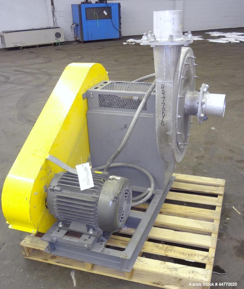 Used Cincinnati Fan HP Series High Pressure Blower, Model HP-6C22, Aluminum.  Approximately 1560 cfm at 29" S.P.  Approximately 6" diameter side inlet, 6" top outlet, 22" diameter wheel. Driven by a ...