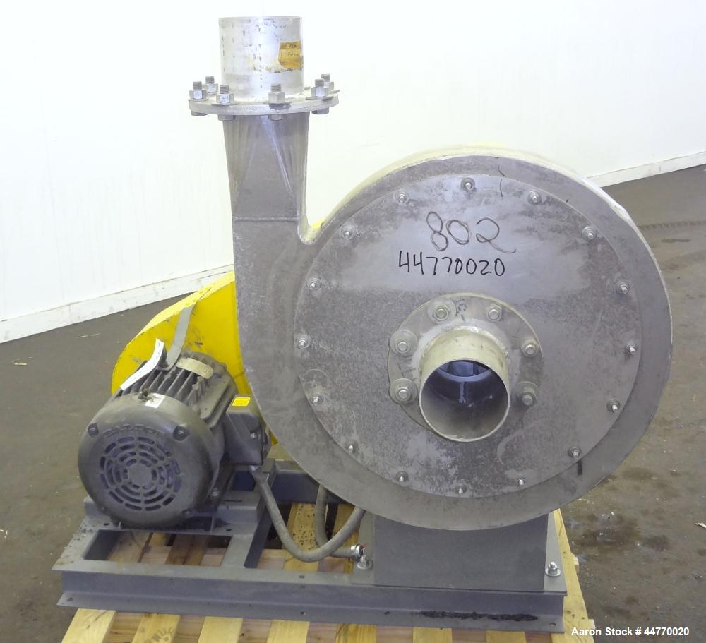 Used Cincinnati Fan HP Series High Pressure Blower, Model HP-6C22, Aluminum.  Approximately 1560 cfm at 29" S.P.  Approximately 6" diameter side inlet, 6" top outlet, 22" diameter wheel. Driven by a ...