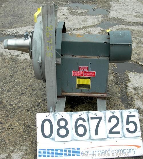 USED: Cincinnati fan pressure blower, model PB-18, cast aluminum. Approximate 1260 cfm at 8" S.P. at 3450 rpm. 6" diameter inlet/outlet, approximate 14" diameter impeller. Driven by a 3 hp, 3/60/208-...