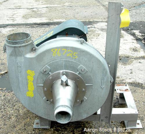 USED: Cincinnati fan pressure blower, model PB-18, cast aluminum. Approximate 1260 cfm at 8" S.P. at 3450 rpm. 6" diameter inlet/outlet, approximate 14" diameter impeller. Driven by a 3 hp, 3/60/208-...