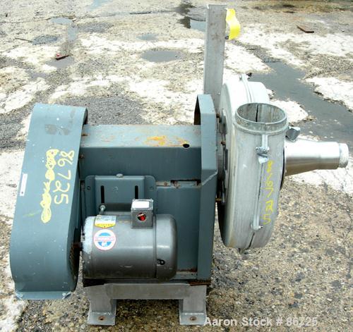 USED: Cincinnati fan pressure blower, model PB-18, cast aluminum. Approximate 1260 cfm at 8" S.P. at 3450 rpm. 6" diameter inlet/outlet, approximate 14" diameter impeller. Driven by a 3 hp, 3/60/208-...