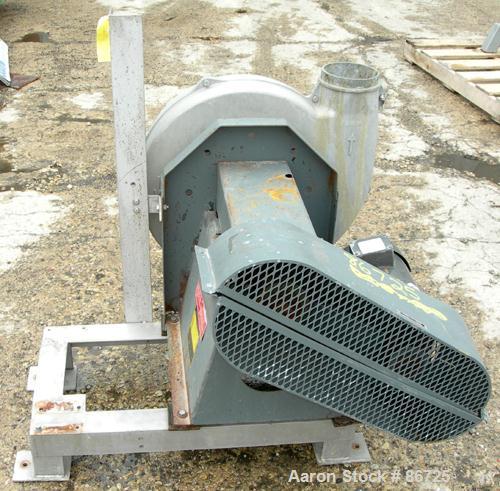 USED: Cincinnati fan pressure blower, model PB-18, cast aluminum. Approximate 1260 cfm at 8" S.P. at 3450 rpm. 6" diameter inlet/outlet, approximate 14" diameter impeller. Driven by a 3 hp, 3/60/208-...