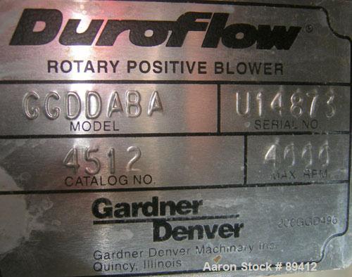 USED: Gardner Denver Duroflow rotary positive displacement blower,model 4512, horizontal. 6" diameter NPT inlet/outlet. Approximatecapacity 427 cfm at 4 psig at 10.4 bhp. Driven by a 75 hp, 3/60/230/...