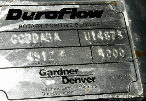 USED: Gardner Denver Duroflow rotary positive displacement blower,model 4512, horizontal. 6" diameter NPT inlet/outlet. Approximatecapacity 427 cfm at 4 psig at 10.4 bhp. Driven by a 75 hp, 3/60/230/...