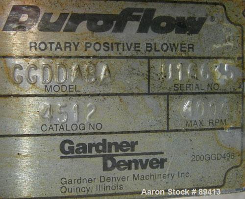 USED: Gardner Denver Duroflow rotary positive displacement blower,model 4512, horizontal. 6" diameter NPT inlet/outlet. Approximatecapacity 427 cfm at 4 psig at 10.4 bhp. Driven by a 75 hp, 3/60/230/...