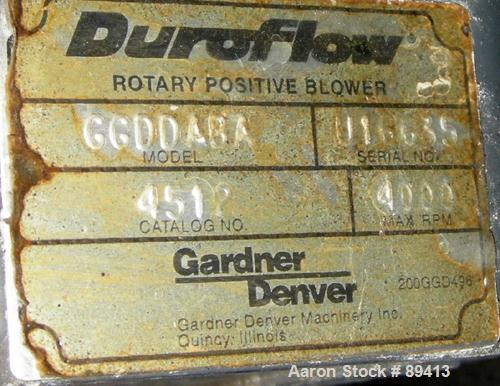 USED: Gardner Denver Duroflow rotary positive displacement blower,model 4512, horizontal. 6" diameter NPT inlet/outlet. Approximatecapacity 427 cfm at 4 psig at 10.4 bhp. Driven by a 75 hp, 3/60/230/...