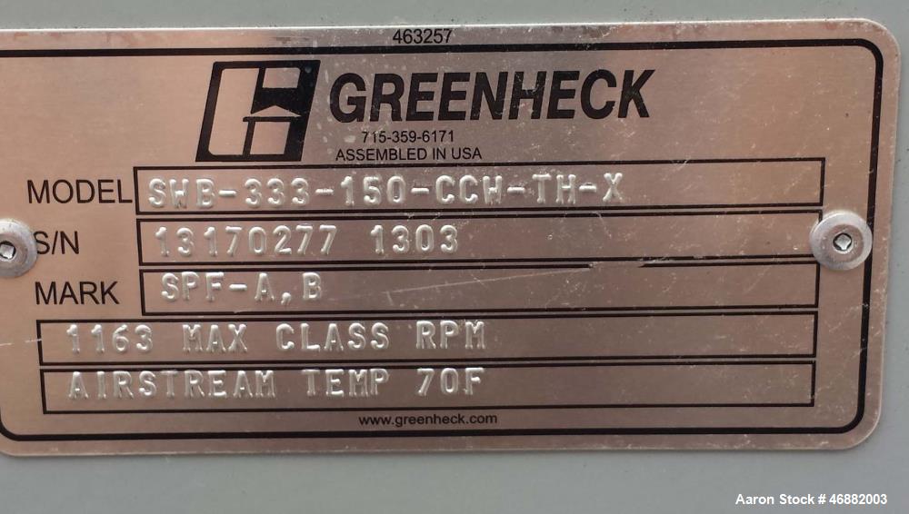 Unused- Greenheck Centrifugal Fan, Model SWB-333-150-CCW-TH-X. 15 hp motor, belt driven fan, backward-inclined centrifugal wheel. Max volume (cfm)- 54,000 / max static pressure (in. wg)- 5. Can be us...