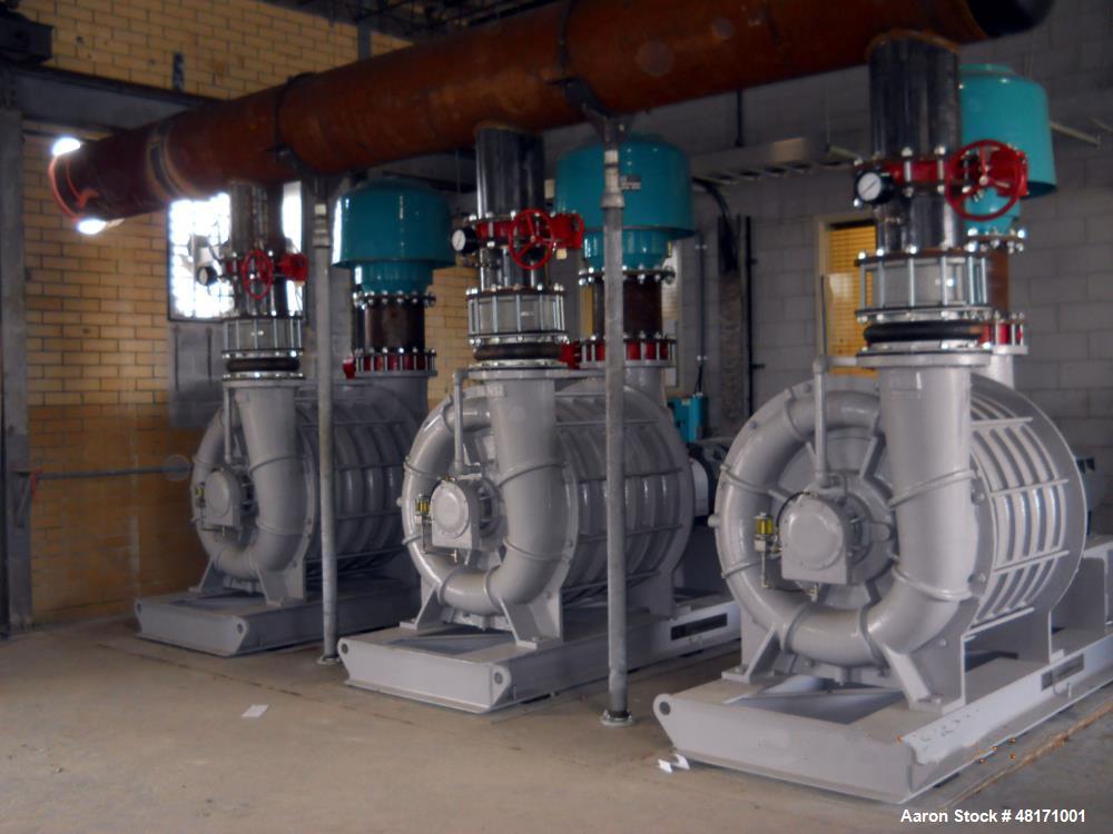 Used HSI Air Multistage Centrifugal Blower, Model 14306. Inlet drive, 3550 rpm, Sid is 53" x 159". Baldor motor, 300 hp, 460/3/60. Capacity 6,000 SCFM. Carbon steel shaft, cast aluminum impellers. La...