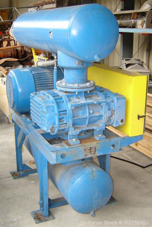 Used 50 HP Hibon PD Blower Package, SNH809. Nameplate data indicates 13 psig.  50 hp Westinghouse motor, 1770 rpm, 230/460 volt, 326T frame. Complete with inlet and discharge silencers, pressure reli...