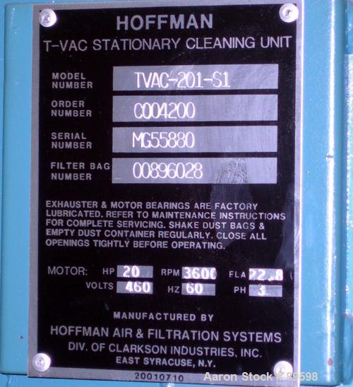 Used- Hoffman Stationary Self-Contained Industrial Vacuum System, Model TVAC-201-S1, Carbon Steel. Consists of: (1) Hoffman ...