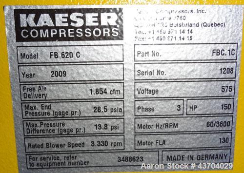 Used Kaeser Omega Plus Rotary Blower, Model FB 620C. Rated 1846 scfm. Approximate 150hp, 575 volt motor. Serial# 1208, built 2009.