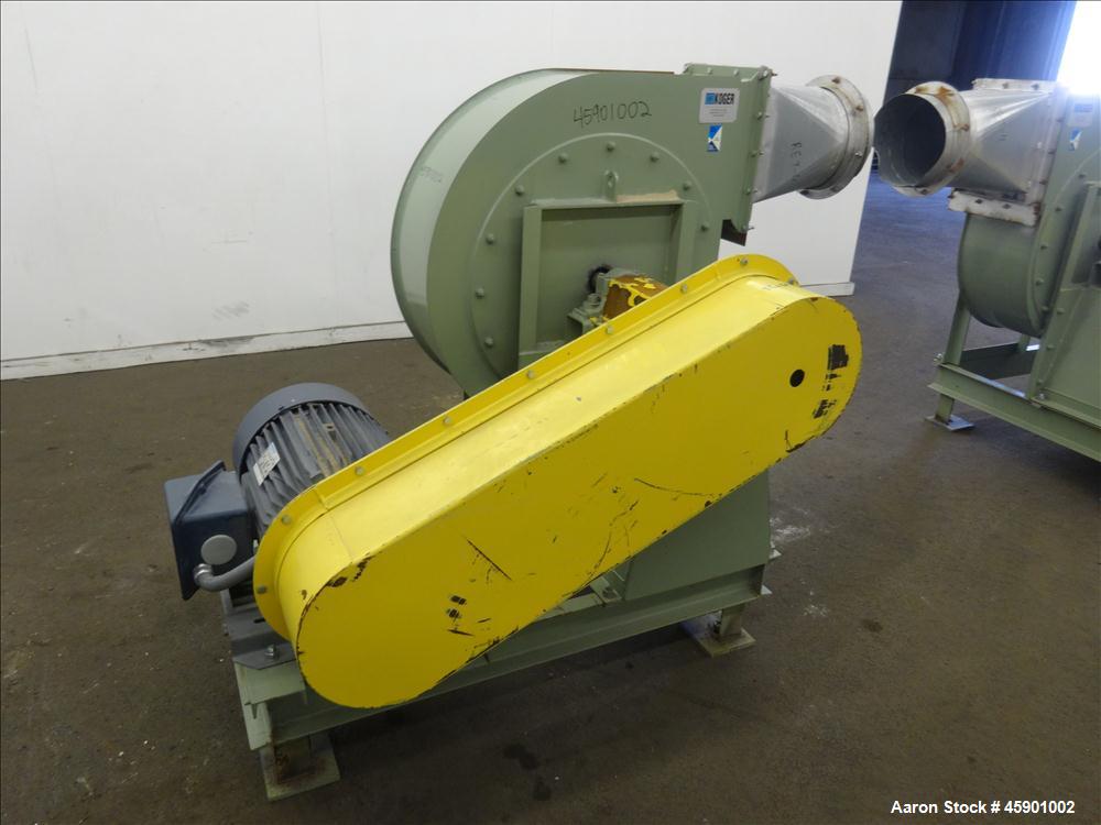 Used Koger Clockwise Top Horizontal Blower, Model CW TOP H, Carbon Steel. 26" Diameter fan driven by a 25 hp, 3/60/208-230/460 volt, 1770 rpm motor. Inlet flange is 15 1/8", outlet flange 15 x 13". M...
