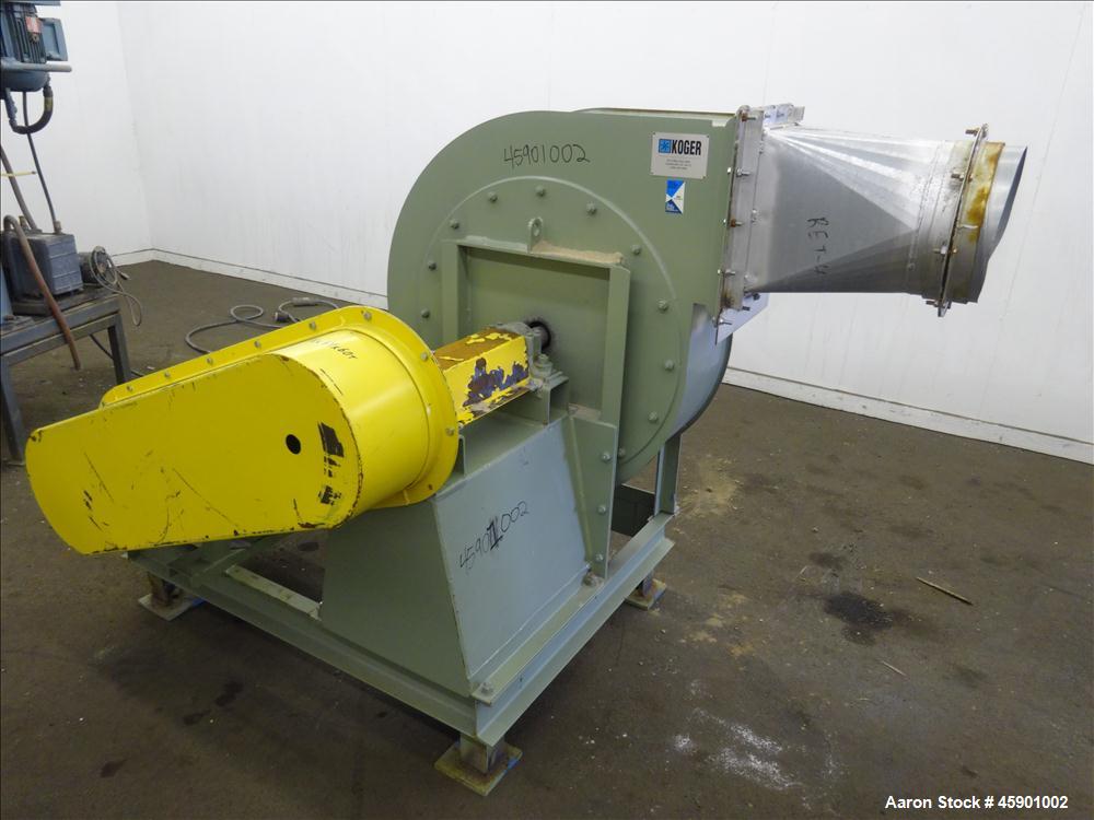 Used Koger Clockwise Top Horizontal Blower, Model CW TOP H, Carbon Steel. 26" Diameter fan driven by a 25 hp, 3/60/208-230/460 volt, 1770 rpm motor. Inlet flange is 15 1/8", outlet flange 15 x 13". M...