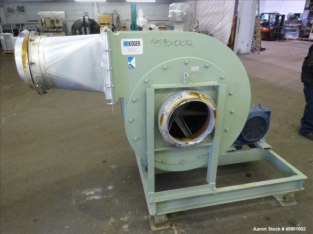 Used Koger Clockwise Top Horizontal Blower, Model CW TOP H, Carbon Steel. 26" Diameter fan driven by a 25 hp, 3/60/208-230/460 volt, 1770 rpm motor. Inlet flange is 15 1/8", outlet flange 15 x 13". M...