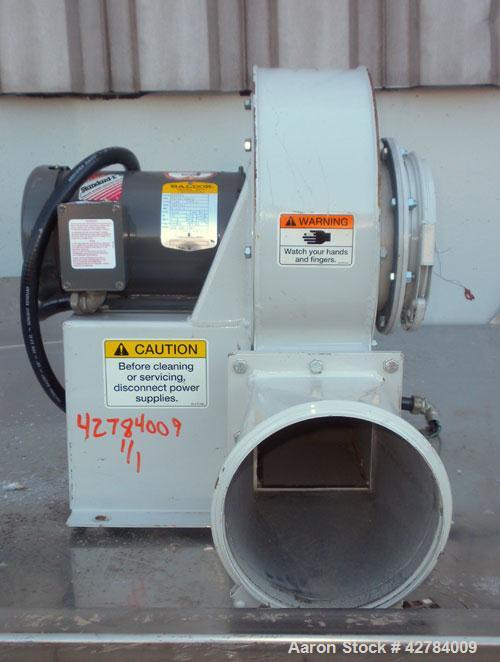Used Kongsklide Centrifugal Blower, Model MTD-20, Carbon Steel. Rated approximately 1500 cfm at 4’’ WG. Approximate 10’’ diameter blade, 8’’ diameter inlet, 5-1/2’’ x 5-1/2’’ outlet. Driven by a 2 hp...