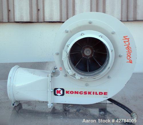 Used Kongsklide Centrifugal Blower, Model MTD-20, Carbon Steel. Rated approximately 1500 cfm at 4’’ WG. Approximate 10’’ diameter blade, 8’’ diameter inlet, 5-1/2’’ x 5-1/2’’ outlet. Driven by a 2 hp...
