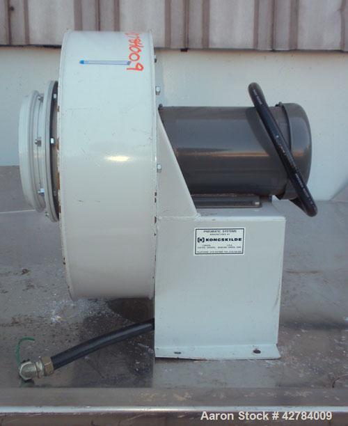 Used Kongsklide Centrifugal Blower, Model MTD-20, Carbon Steel. Rated approximately 1500 cfm at 4’’ WG. Approximate 10’’ diameter blade, 8’’ diameter inlet, 5-1/2’’ x 5-1/2’’ outlet. Driven by a 2 hp...