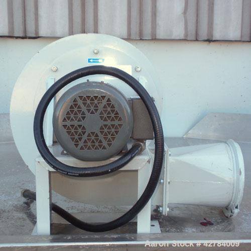 Used Kongsklide Centrifugal Blower, Model MTD-20, Carbon Steel. Rated approximately 1500 cfm at 4’’ WG. Approximate 10’’ diameter blade, 8’’ diameter inlet, 5-1/2’’ x 5-1/2’’ outlet. Driven by a 2 hp...