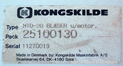 Used Kongsklide Centrifugal Blower, Model MTD-20, Carbon Steel. Rated approximately 1500 cfm at 4’’ WG. Approximate 10’’ diameter blade, 8’’ diameter inlet, 5-1/2’’ x 5-1/2’’ outlet. Driven by a 2 hp...