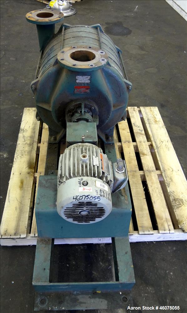 Used Lamson Multistage Centrifugal Blower, Model 406-0-6-AD, Carbon Steel. Approximately 210 cfm. Driven by a 5hp, 3/60/230/460 volt, 3485 rpm motor. Mounted on a frame. Serial# 861519.