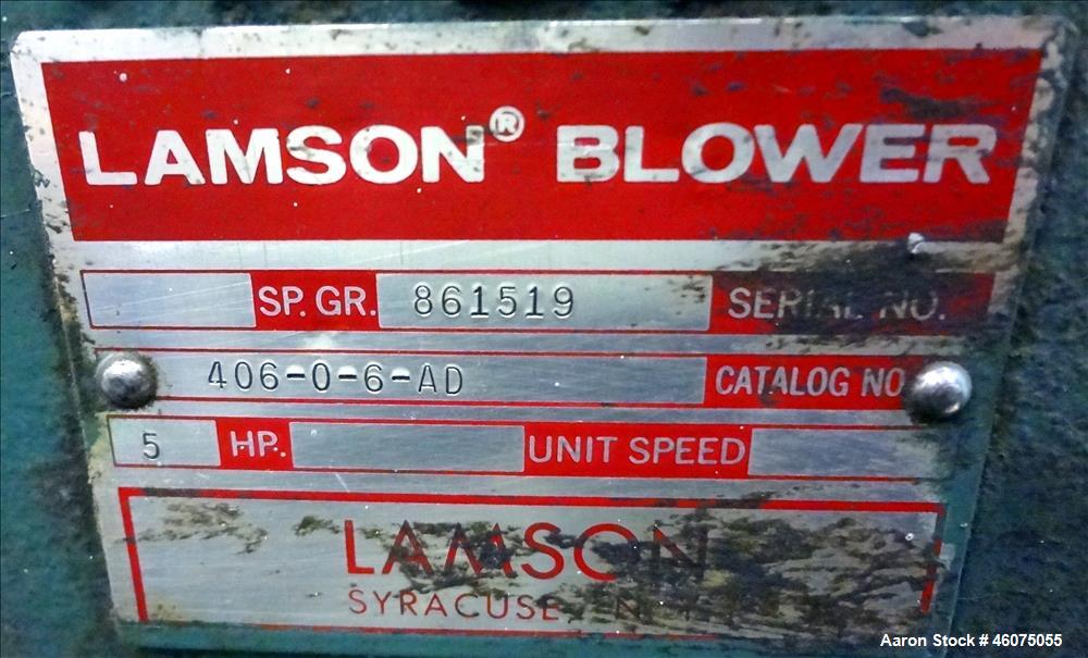 Used Lamson Multistage Centrifugal Blower, Model 406-0-6-AD, Carbon Steel. Approximately 210 cfm. Driven by a 5hp, 3/60/230/460 volt, 3485 rpm motor. Mounted on a frame. Serial# 861519.