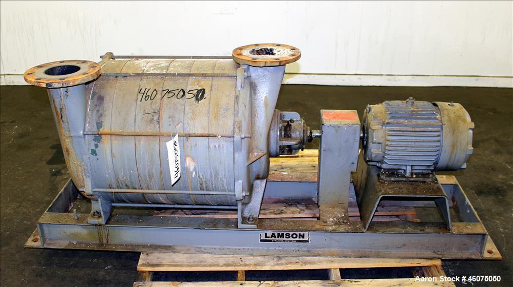 Used Lamson Multistage Centrifugal Blower, Model 407-0-7-AD, Carbon Steel. Approximately 210 cfm. 5" Inlet, 4-1/2" outlet. Driven by a 7.5hp, 3/60/230/460 volt, 3520 rpm motor. Mounted on a carbon st...