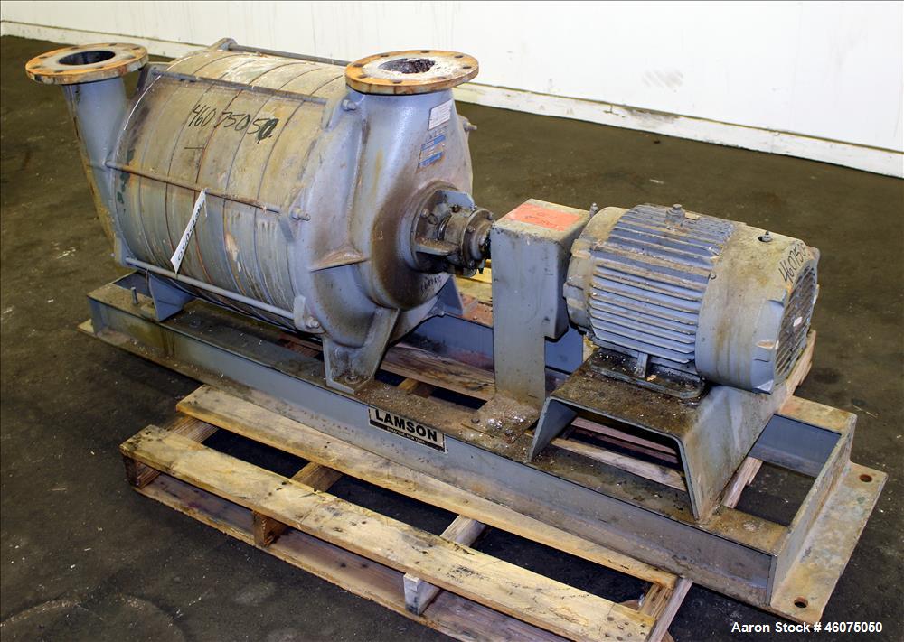Used Lamson Multistage Centrifugal Blower, Model 407-0-7-AD, Carbon Steel. Approximately 210 cfm. 5" Inlet, 4-1/2" outlet. Driven by a 7.5hp, 3/60/230/460 volt, 3520 rpm motor. Mounted on a carbon st...