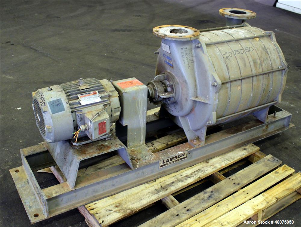 Used Lamson Multistage Centrifugal Blower, Model 407-0-7-AD, Carbon Steel. Approximately 210 cfm. 5" Inlet, 4-1/2" outlet. Driven by a 7.5hp, 3/60/230/460 volt, 3520 rpm motor. Mounted on a carbon st...