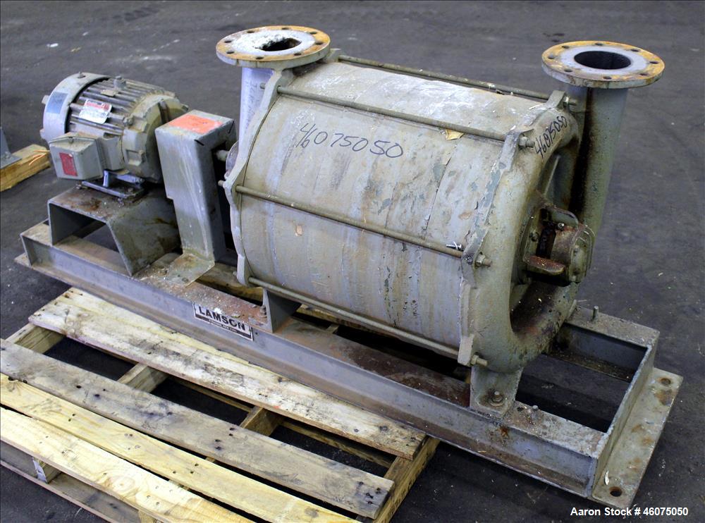 Used Lamson Multistage Centrifugal Blower, Model 407-0-7-AD, Carbon Steel. Approximately 210 cfm. 5" Inlet, 4-1/2" outlet. Driven by a 7.5hp, 3/60/230/460 volt, 3520 rpm motor. Mounted on a carbon st...