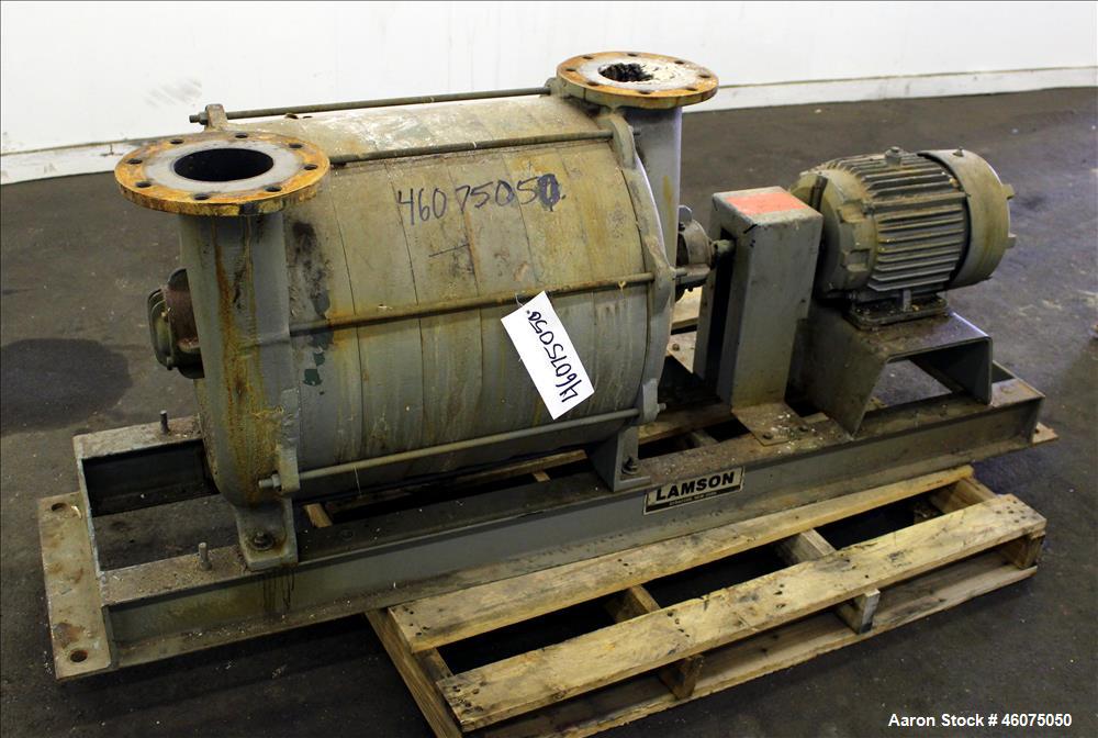 Used Lamson Multistage Centrifugal Blower, Model 407-0-7-AD, Carbon Steel. Approximately 210 cfm. 5" Inlet, 4-1/2" outlet. Driven by a 7.5hp, 3/60/230/460 volt, 3520 rpm motor. Mounted on a carbon st...