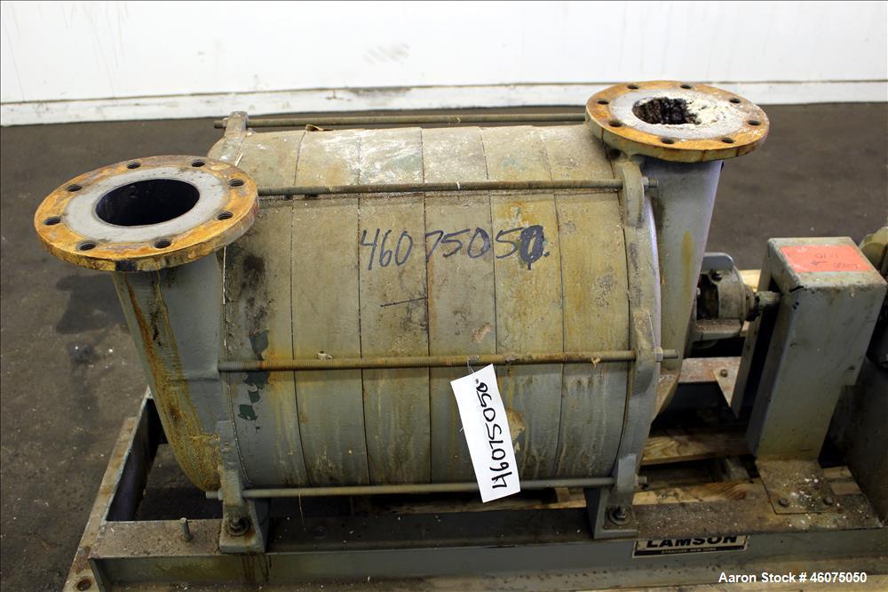 Used Lamson Multistage Centrifugal Blower, Model 407-0-7-AD, Carbon Steel. Approximately 210 cfm. 5" Inlet, 4-1/2" outlet. Driven by a 7.5hp, 3/60/230/460 volt, 3520 rpm motor. Mounted on a carbon st...