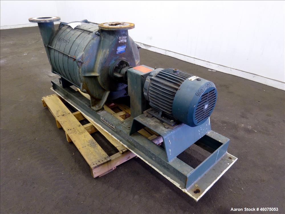 Used Lamson Multistage Centrifugal Blower, Model 407-0-7-AD, Carbon Steel. Approximately 210 cfm. Driven by a 7.5hp, 3/60/230/460 volt, 3505 rpm motor. Mounted on a frame. Serial# 910510.