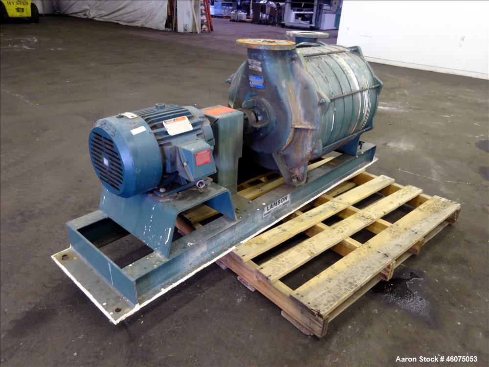Used Lamson Multistage Centrifugal Blower, Model 407-0-7-AD, Carbon Steel. Approximately 210 cfm. Driven by a 7.5hp, 3/60/230/460 volt, 3505 rpm motor. Mounted on a frame. Serial# 910510.