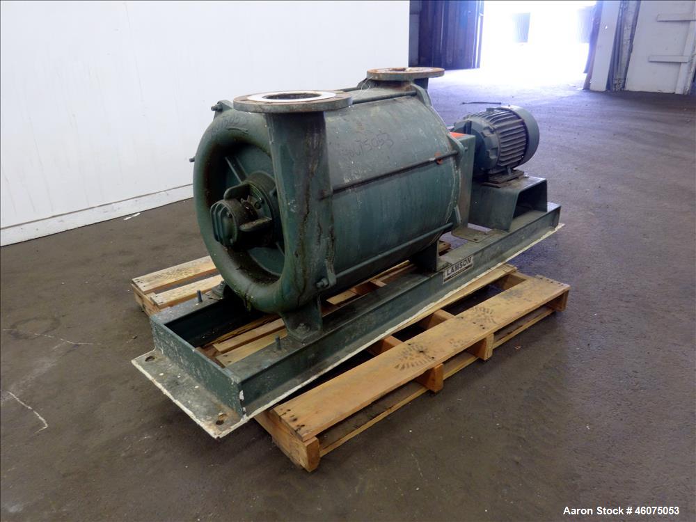 Used Lamson Multistage Centrifugal Blower, Model 407-0-7-AD, Carbon Steel. Approximately 210 cfm. Driven by a 7.5hp, 3/60/230/460 volt, 3505 rpm motor. Mounted on a frame. Serial# 910510.